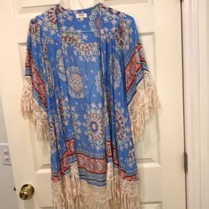 Umgee Kimono cardigan blue, pink, and white paisley Vibrant open front S/M